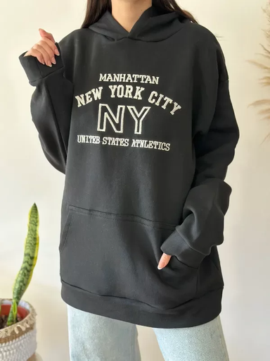 Maxibuzo New York City con capucha bordado negro frisa invisible